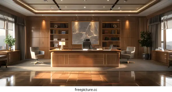 Modern Luxury Office Interior Design with Wooden Furniture and Large Windows