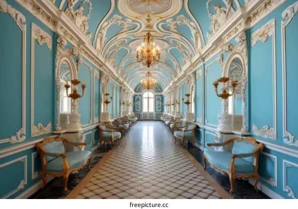 Ornate Hallway with Blue and Gold Accents