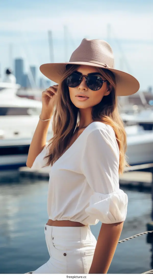 Elegant Woman in Hat Posing on Yacht