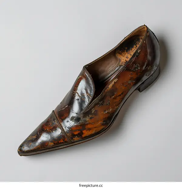 Worn Out Brown Leather Shoe on White Background