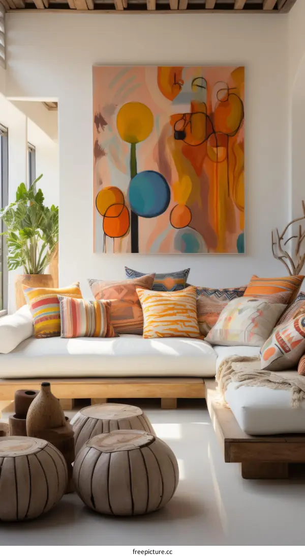 Modern Living Room with Colorful Painting and Comfy Sofa