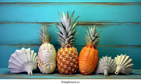 Three pineapples and two seashells on a blue wooden background