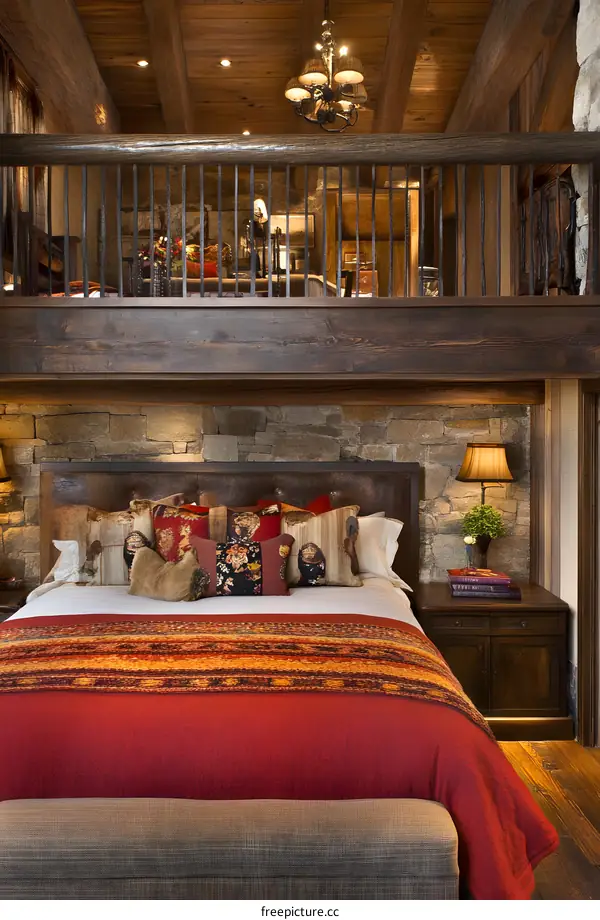 Rustic Bedroom with Loft and Stone Wall