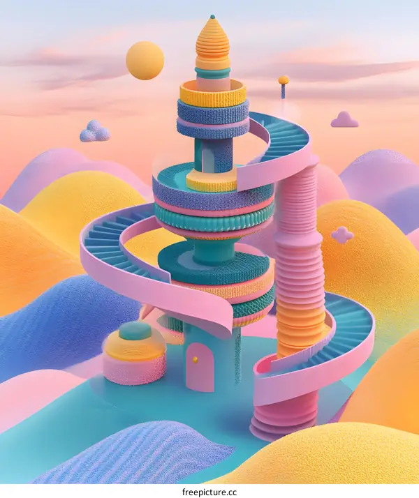 Colorful 3D Rendered Castle with Spiral Staircase in a Fantasy Landscape