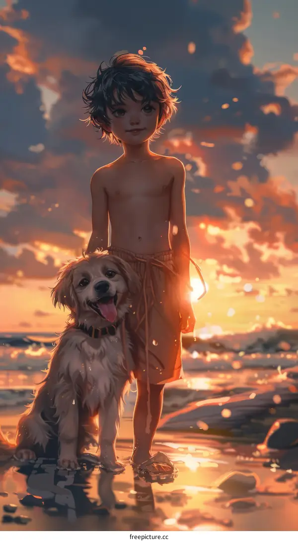 boy and dog standing on beach watching sunset