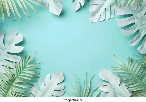 Tropical Leaves Frame on Turquoise Background