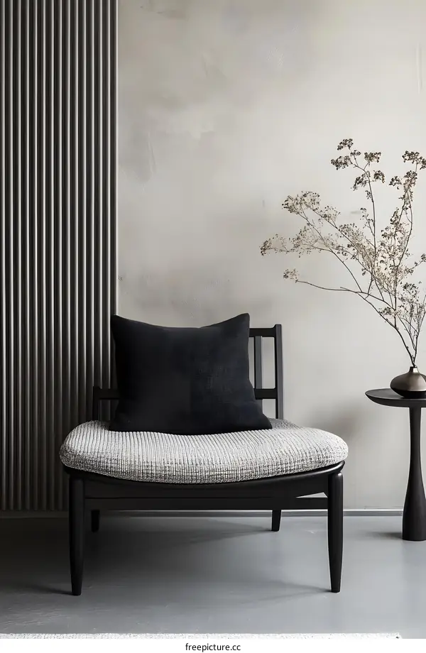 Black Armchair With Grey Fabric and Pillow in Minimalist Interior