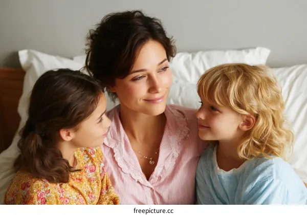 Mother and Daughters Bonding in Bed