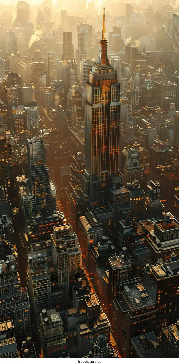 Aerial View of a Futuristic Metropolis at Sunrise