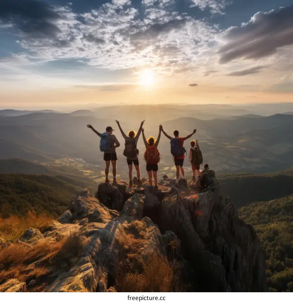 Five hikers celebrating their successful climb to the summit of a mountain
