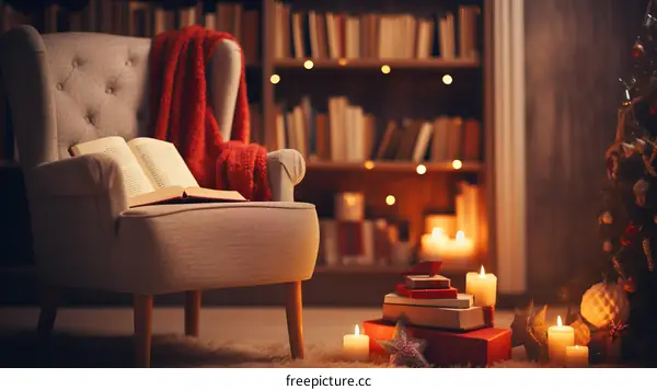 A cozy armchair sits in a library with a warm fire and a decorated Christmas tree nearby.