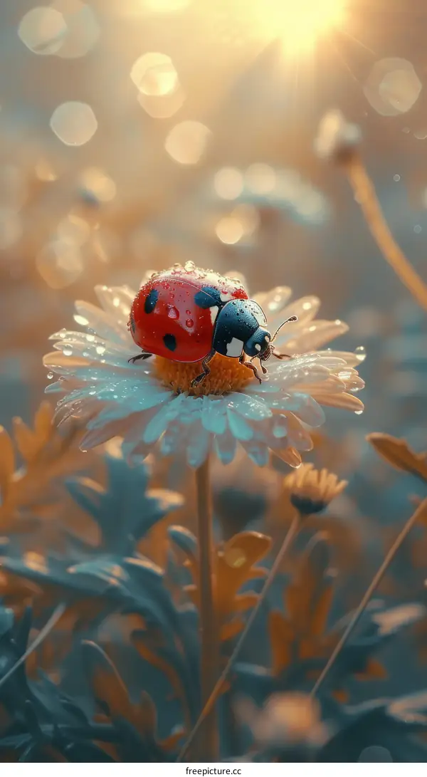 A red ladybug sits on a white daisy in the morning sun