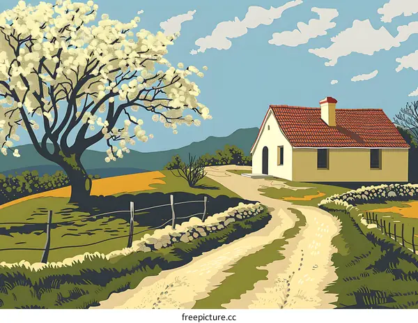 Spring Landscape with Farmhouse and Blooming Tree
