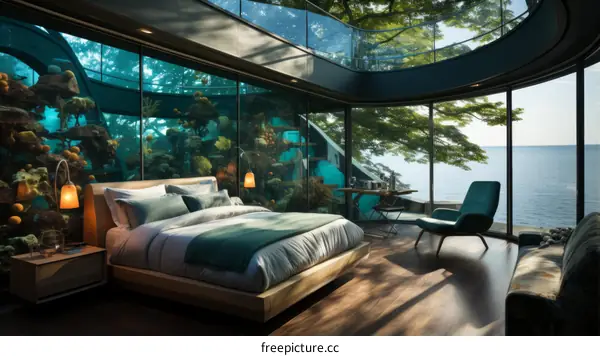 futuristic underwater bedroom with floor to ceiling windows looking into a coral reef