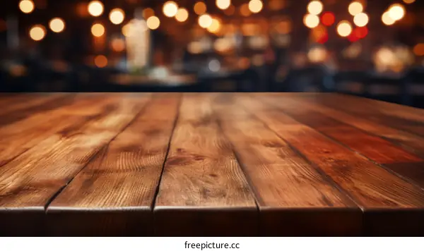 Empty wooden table with blurred background of restaurant