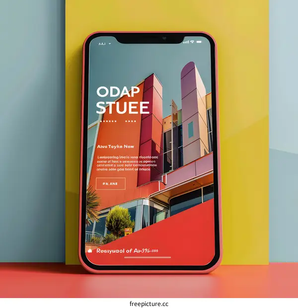 Mobile Phone Mockup with Red Building Illustration