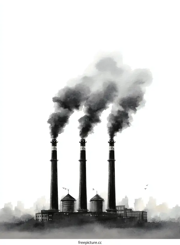 Industrial Pollution Watercolor Painting