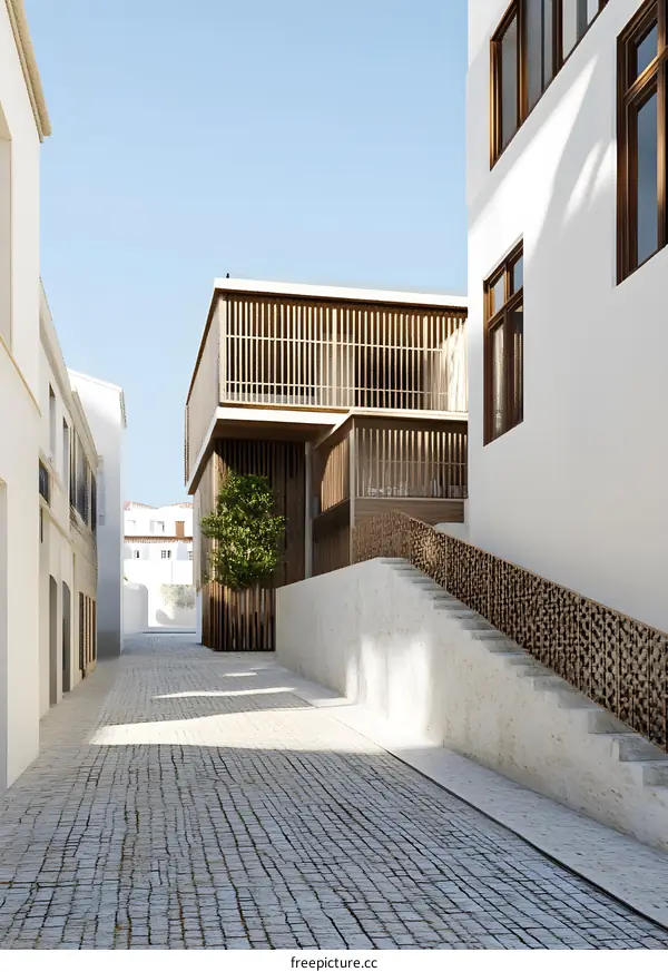 Modern Architecture Building with Wooden Facade and Stone Stairs