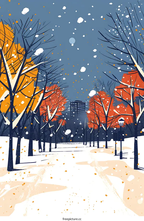 Winter Trees Snow Falling Cityscape Illustration