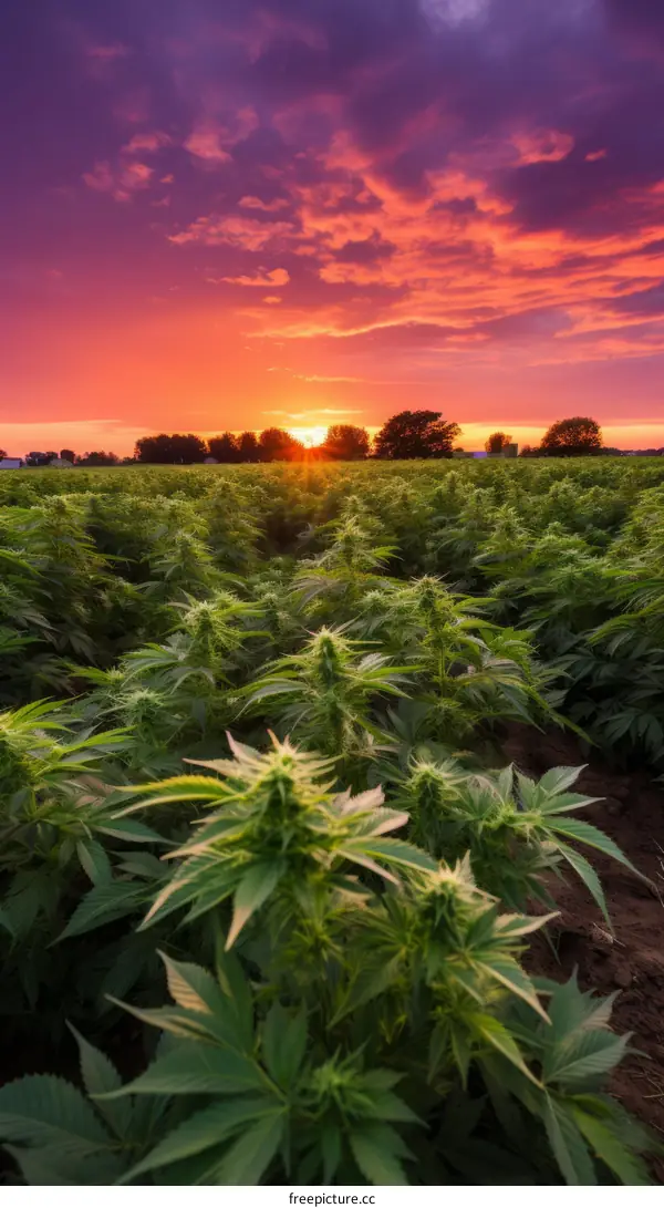 Cannabis plants growing in a field with a sunset in the background