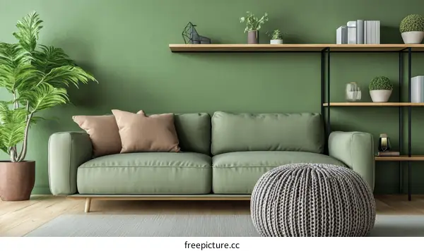 Green Living Room Interior Design with Sofa and Plants