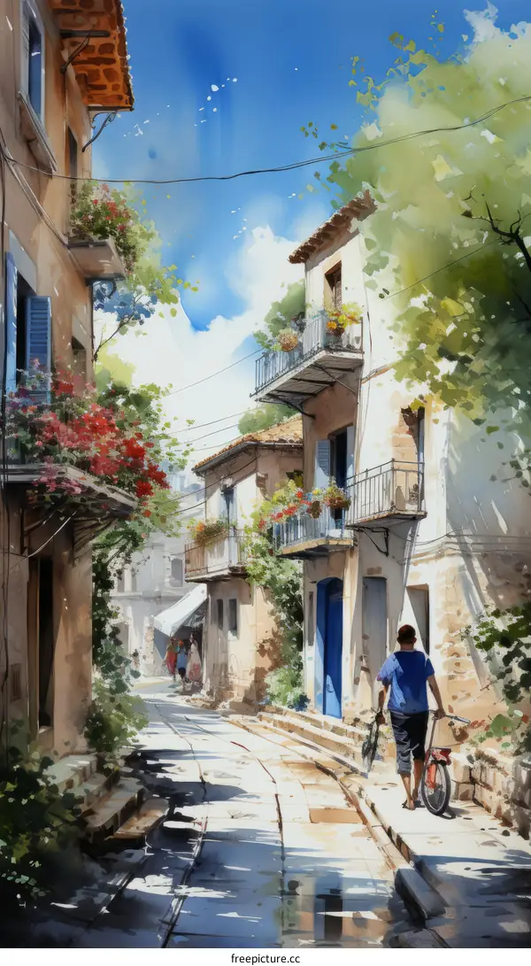 A watercolor painting of a narrow street with a person walking and a bicycle