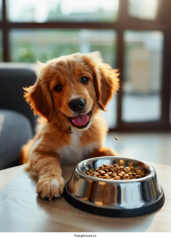 An adorable puppy eagerly awaits his meal