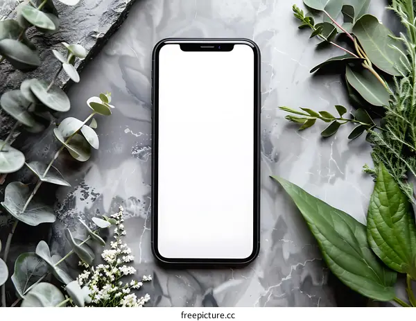 Smartphone Mockup With White Screen On Green Plants Background