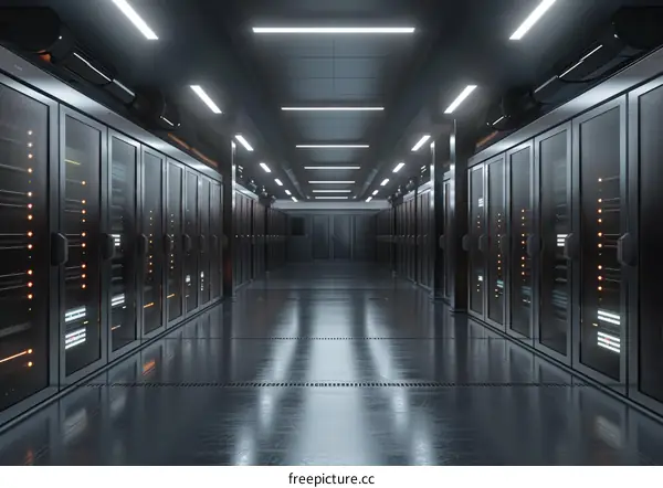Futuristic data center with rows of server racks