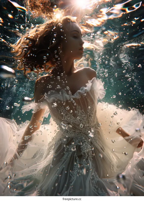 An underwater photo of a woman wearing a white dress