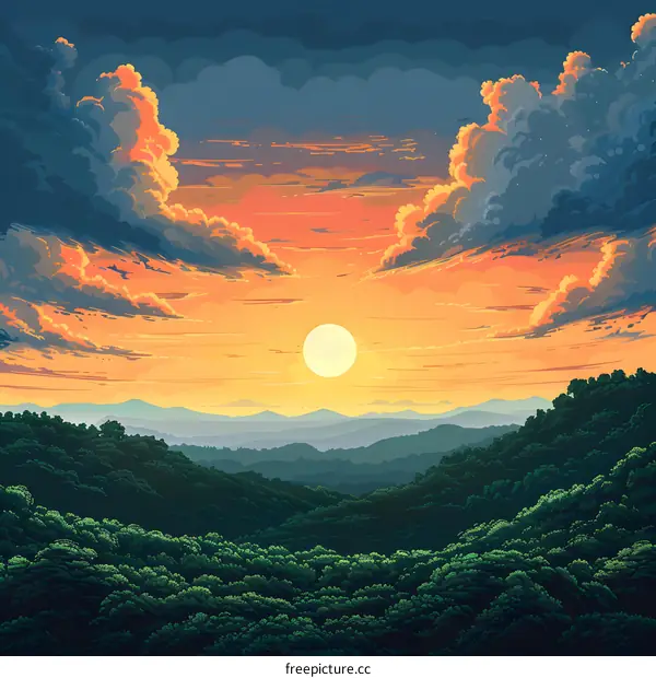 Sunset Over Forest and Mountains