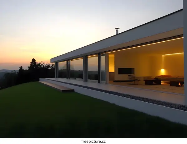 Modern Minimalist House with Large Windows at Sunset