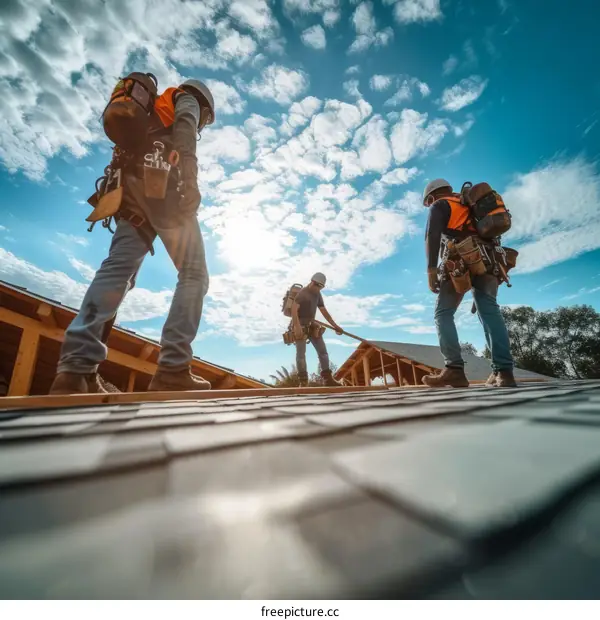 Three construction workers on a roof installing shingles