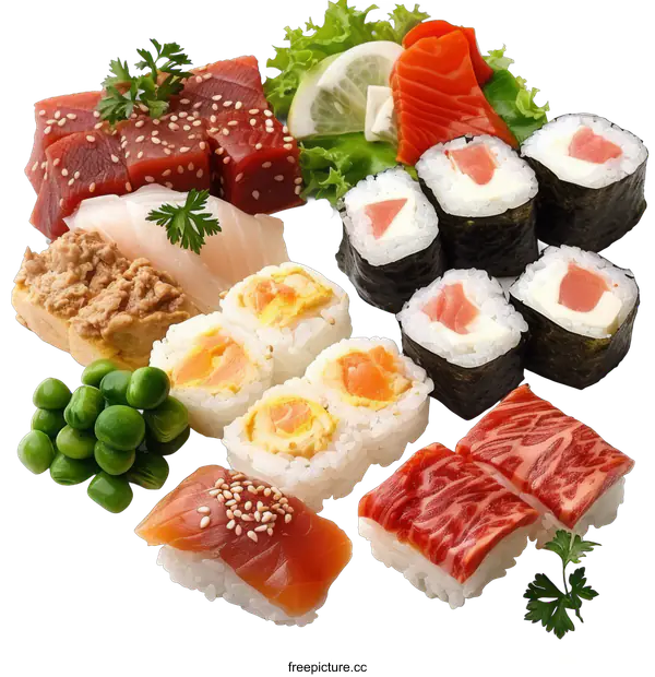 [Transparent Background PNG]Sushi Platter with Various Types of Sushi and Sashimi