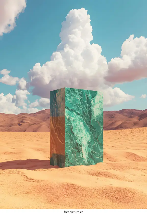 Green Marble Cube in Desert with Clouds