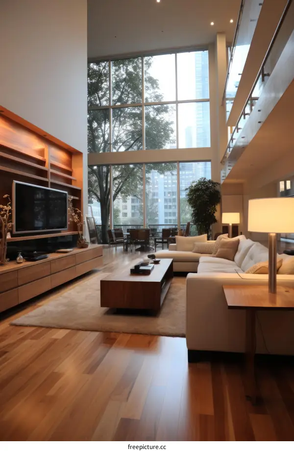 Modern living room interior design with large windows