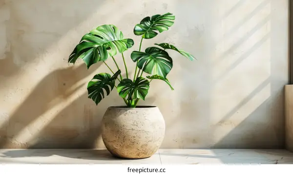 Large Monstera Deliciosa Plant in a Pot with Sunlight