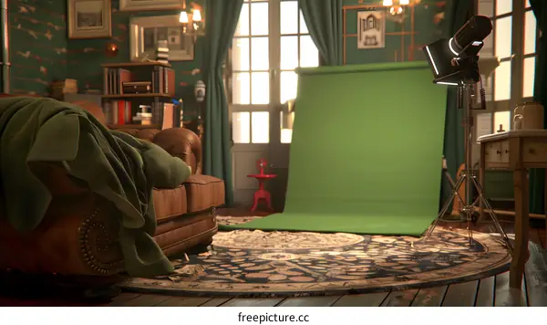 Green Screen Studio Interior with Vintage Furniture