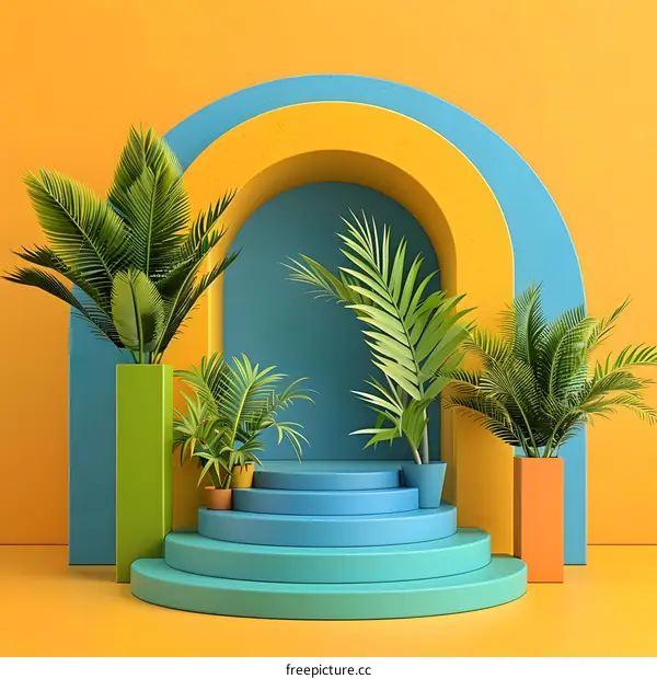 Abstract Summer Arch with Palm Trees and Colorful Platforms