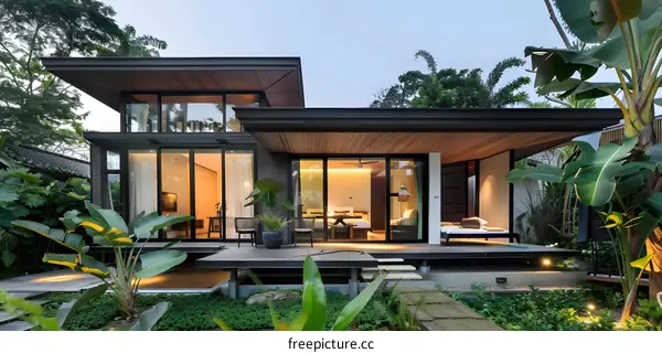 Modern Tropical House with Wooden Deck and Lush Greenery
