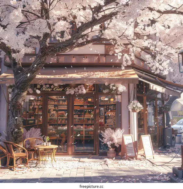 A charming European-style cafe with pink flowers