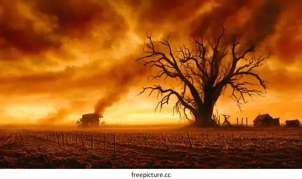 Silhouettes of Trees and a Farm Under a Dusty Orange Sky