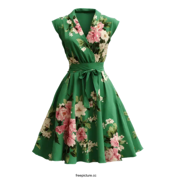[Transparent Background PNG]Elegant Green Floral Print Summer Dress