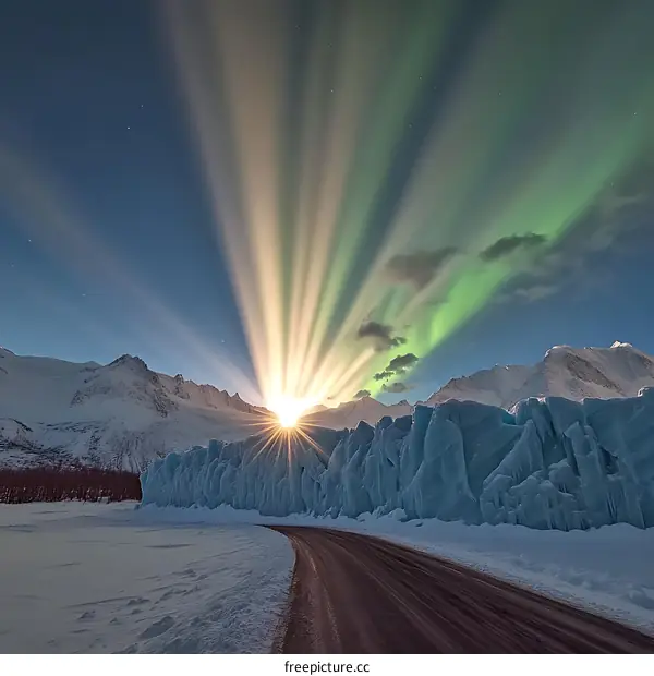 Aurora Borealis Over Snowy Mountains And Road