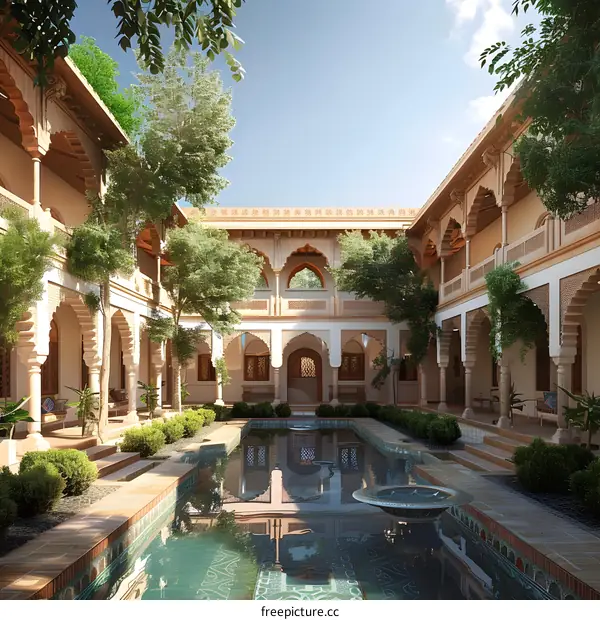 Traditional Arabic Architecture with Courtyard and Pool