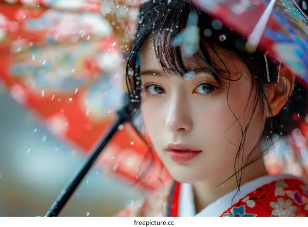 Portrait of a beautiful Asian woman in traditional Japanese kimono holding an umbrella in the rain