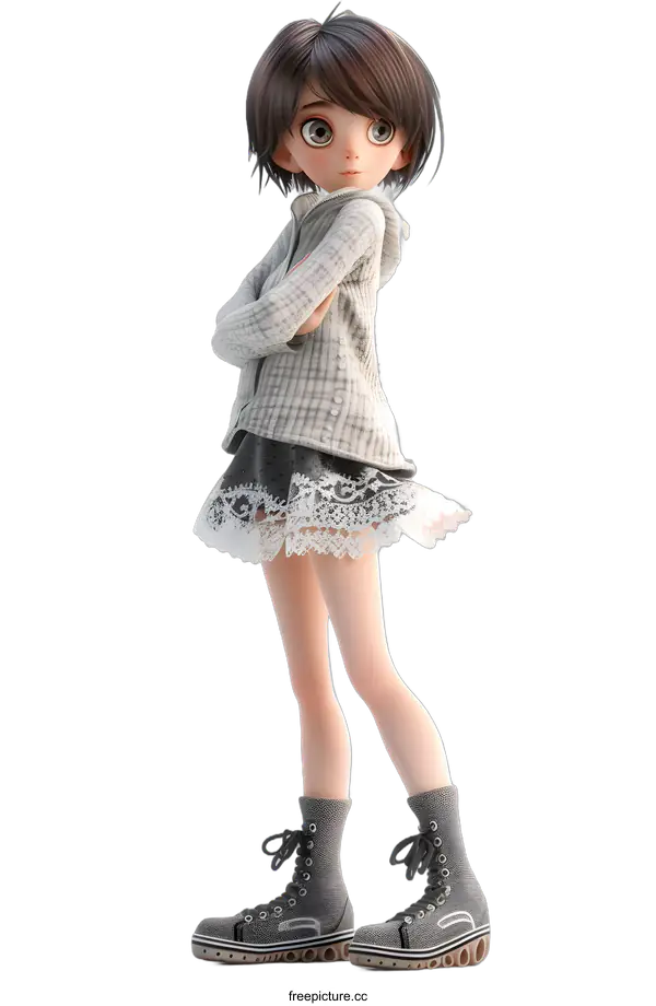 [Transparent Background PNG]Anime Girl With Short Hair in Casual Outfit