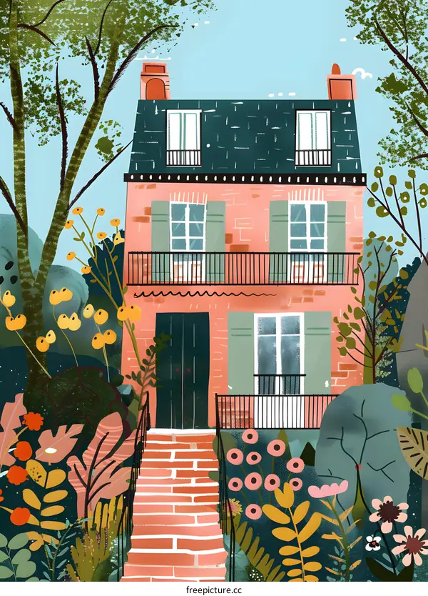 Charming Illustration Of A Two Story House With A Brick Facade