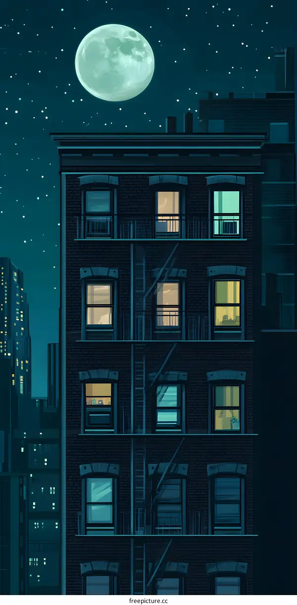 Night View of a City Building with Moon and Stars