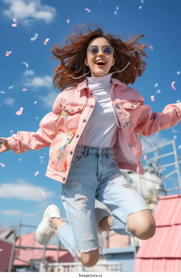 carefree young woman jumping in the air with joy